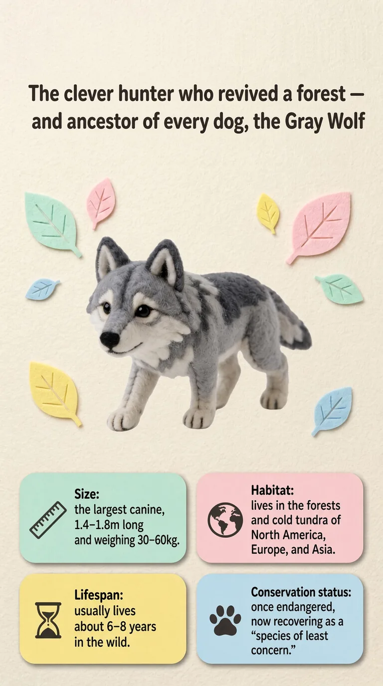 The clever hunter who revived a forest — and ancestor of every dog, the Gray Wolf — Size / Habitat / Lifespan / Conservation status