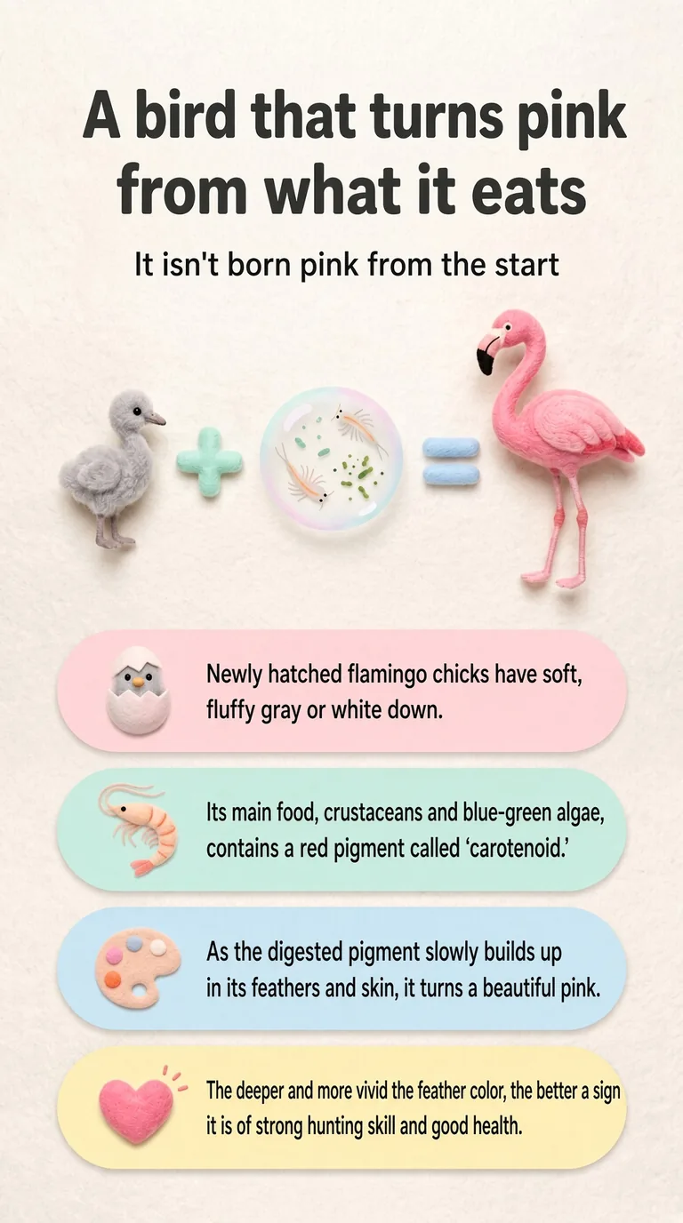 A bird that turns pink from what it eats — It isn't born pink from the start