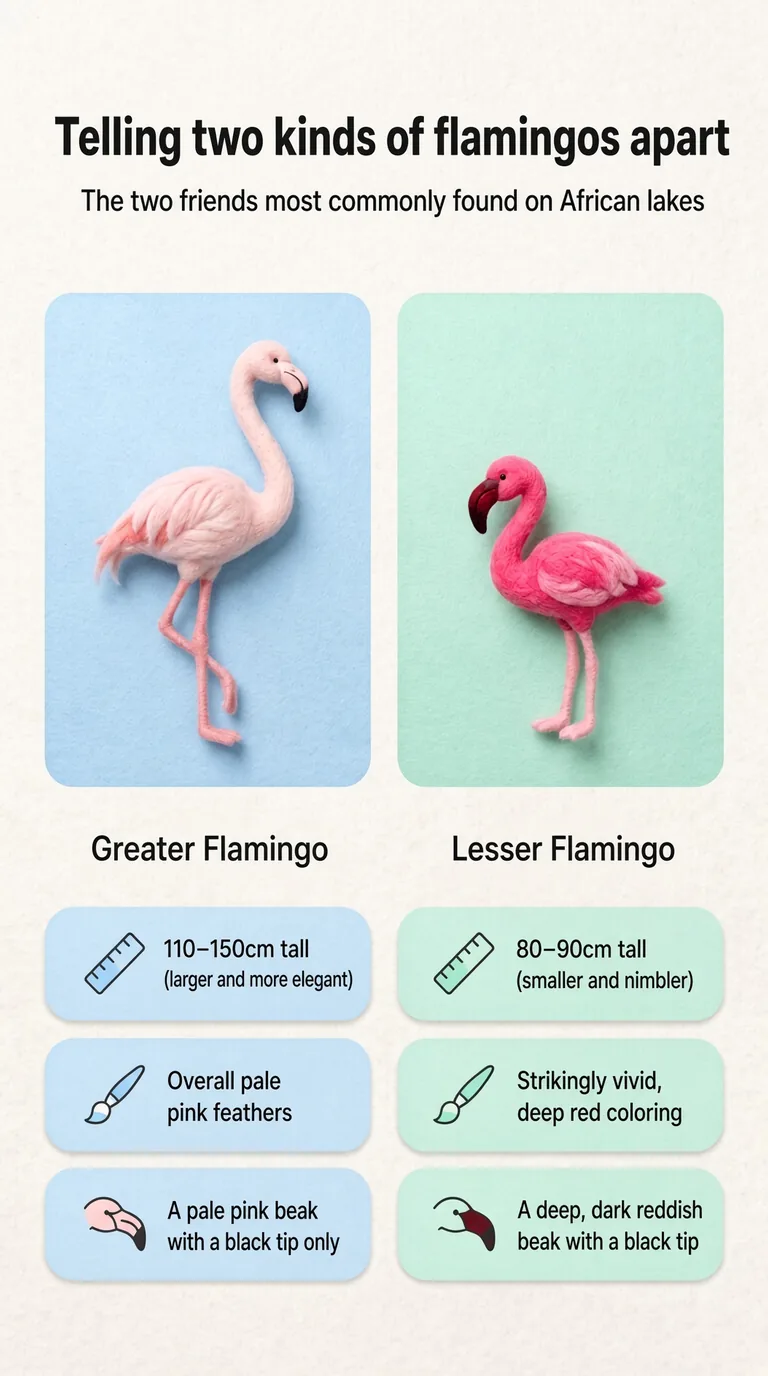 Telling two kinds of flamingos apart — The two friends most commonly found on African lakes — Greater Flamingo / Lesser Flamingo