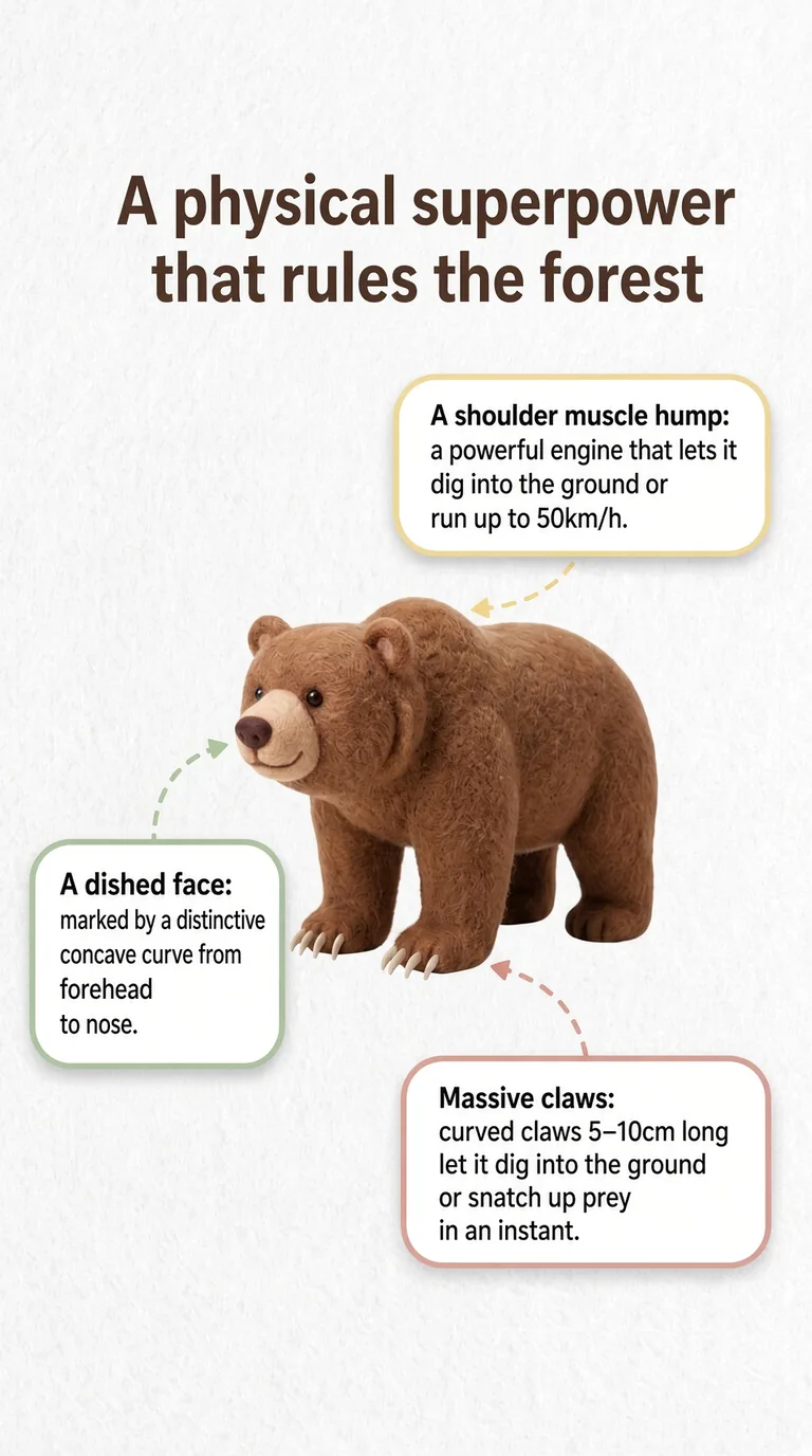 A physical superpower that rules the forest — A shoulder muscle hump / A dished face / Massive claws