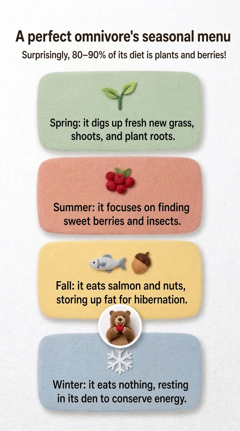 A perfect omnivore's seasonal menu — Surprisingly, 80–90% of its diet is plants and berries! — Spring / Summer / Fall / Winter