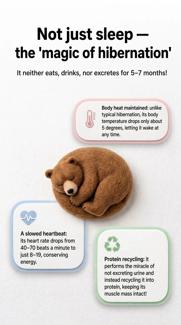 Not just sleep — the 'magic of hibernation' — It neither eats, drinks, nor excretes for 5–7 months! — Body heat maintained / A slowed heartbeat / Protein recycling