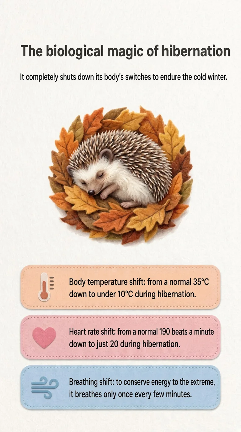 The biological magic of hibernation — It completely shuts down its body's switches to endure the cold winter. — Body temperature shift / Heart rate shift / Breathing shift