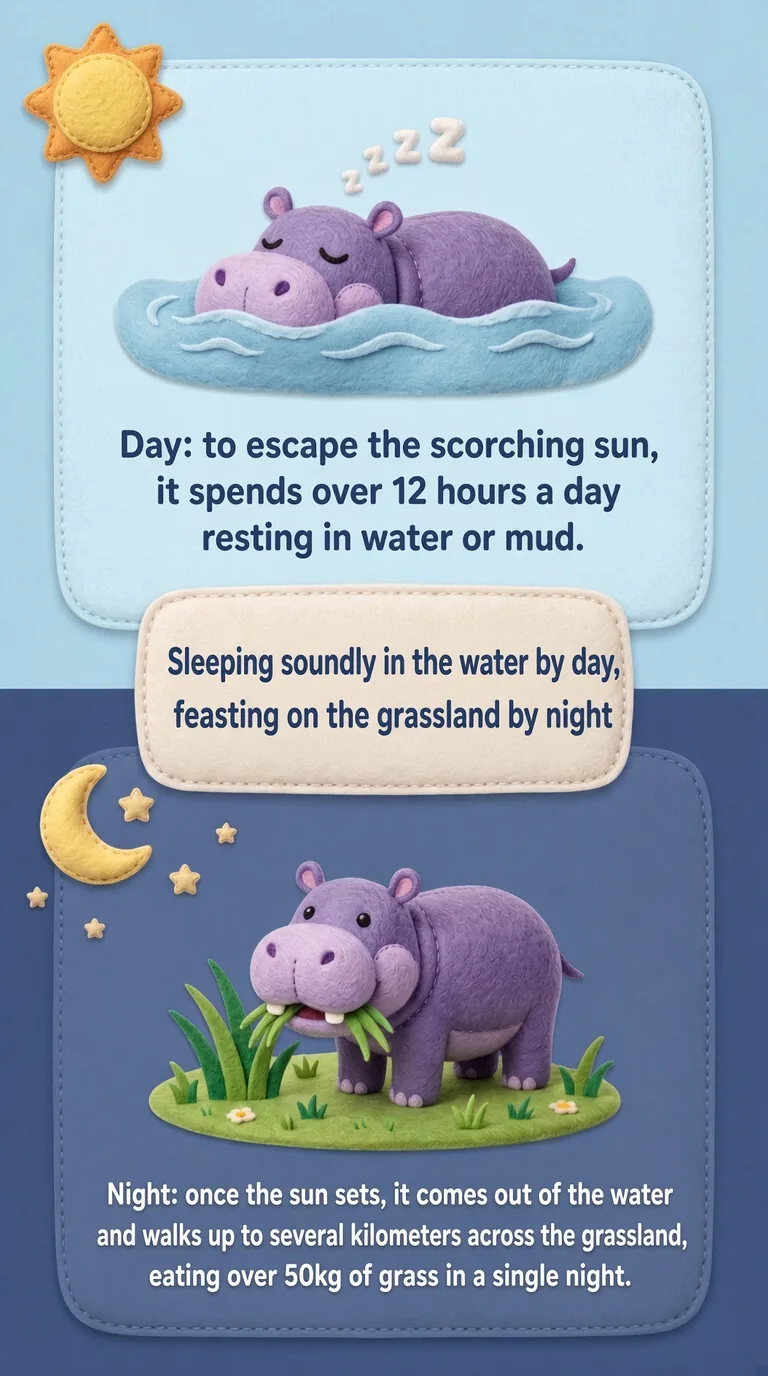 Sleeping soundly in the water by day, feasting on the grassland by night — Day / Night