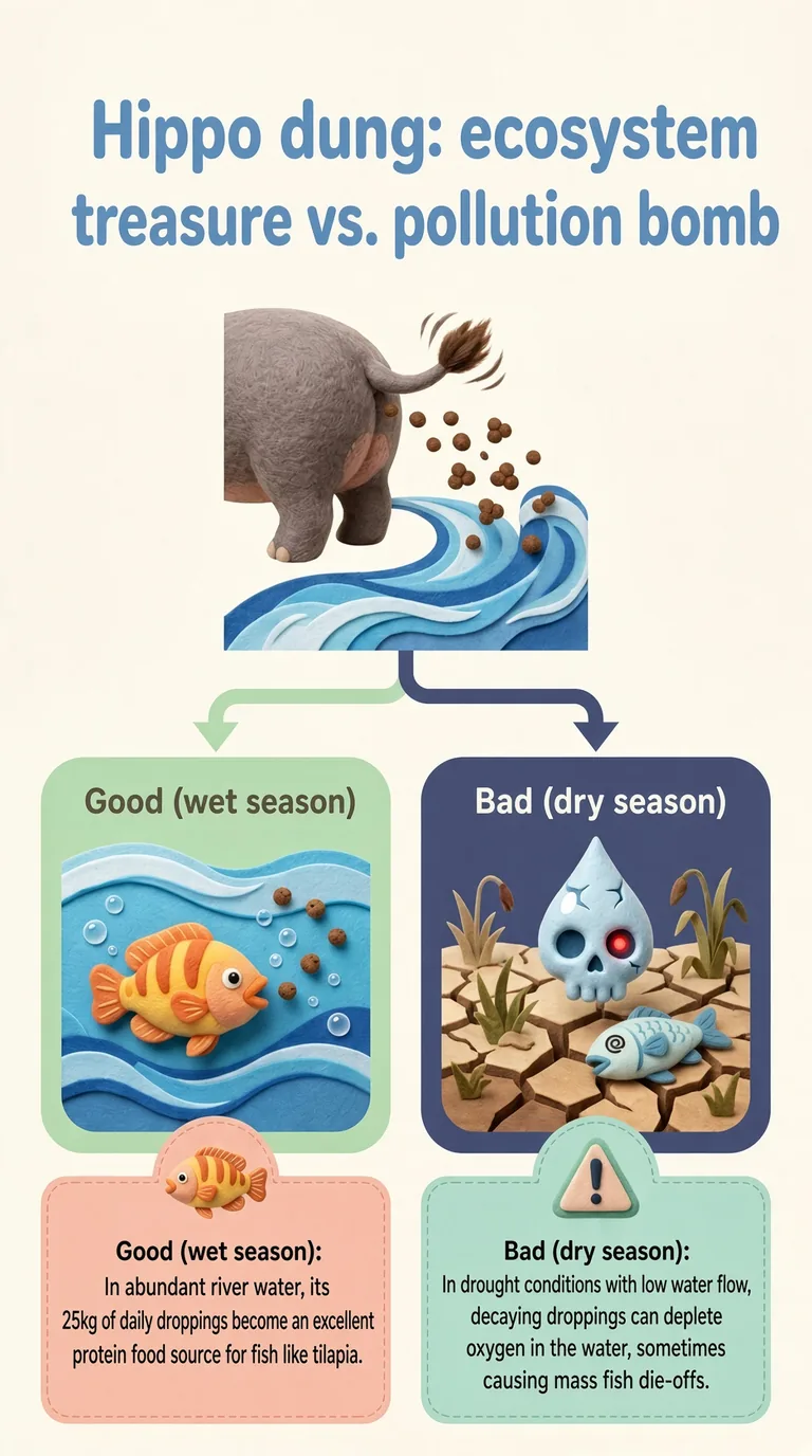Hippo dung: ecosystem treasure vs. pollution bomb — Good (wet season) / Bad (dry season)