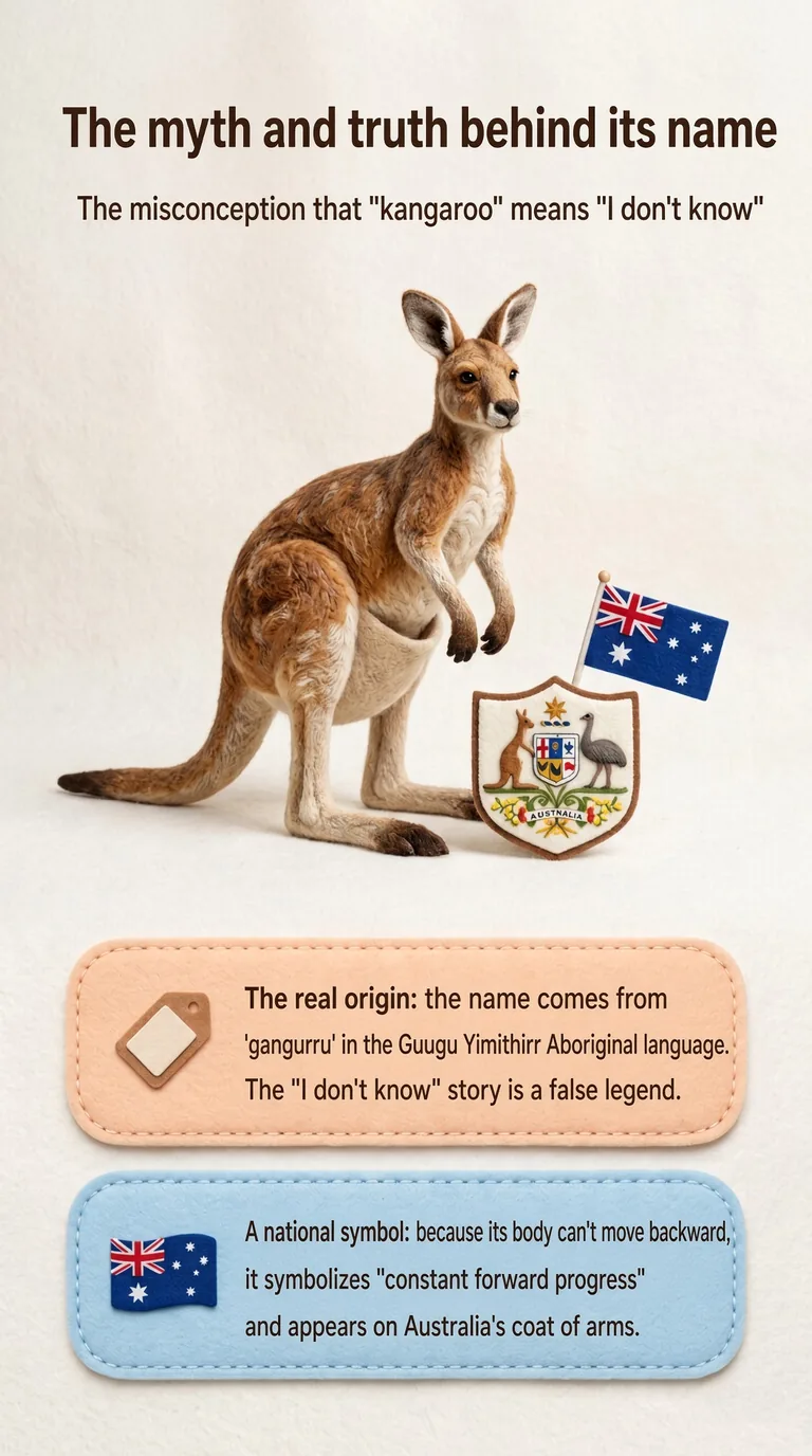 The myth and truth behind its name — The misconception that "kangaroo" means "I don't know" — The real origin / A national symbol