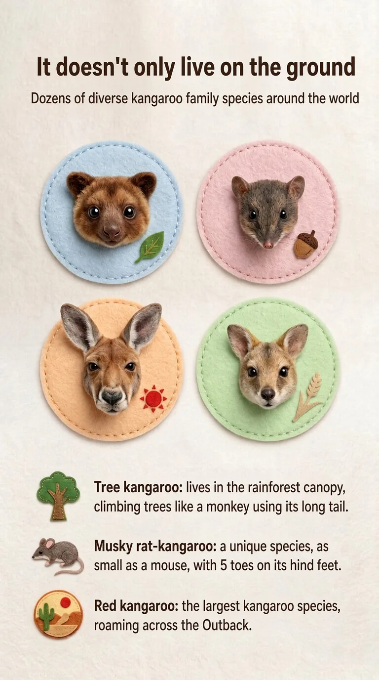 It doesn't only live on the ground — Dozens of diverse kangaroo family species around the world — Tree kangaroo / Musky rat-kangaroo / Red kangaroo