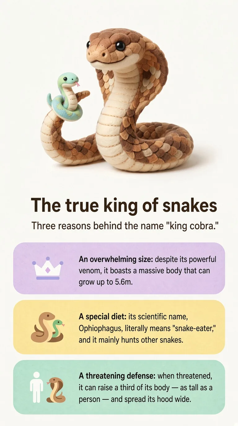 The true king of snakes — Three reasons behind the name "king cobra." — An overwhelming size / A special diet / A threatening defense