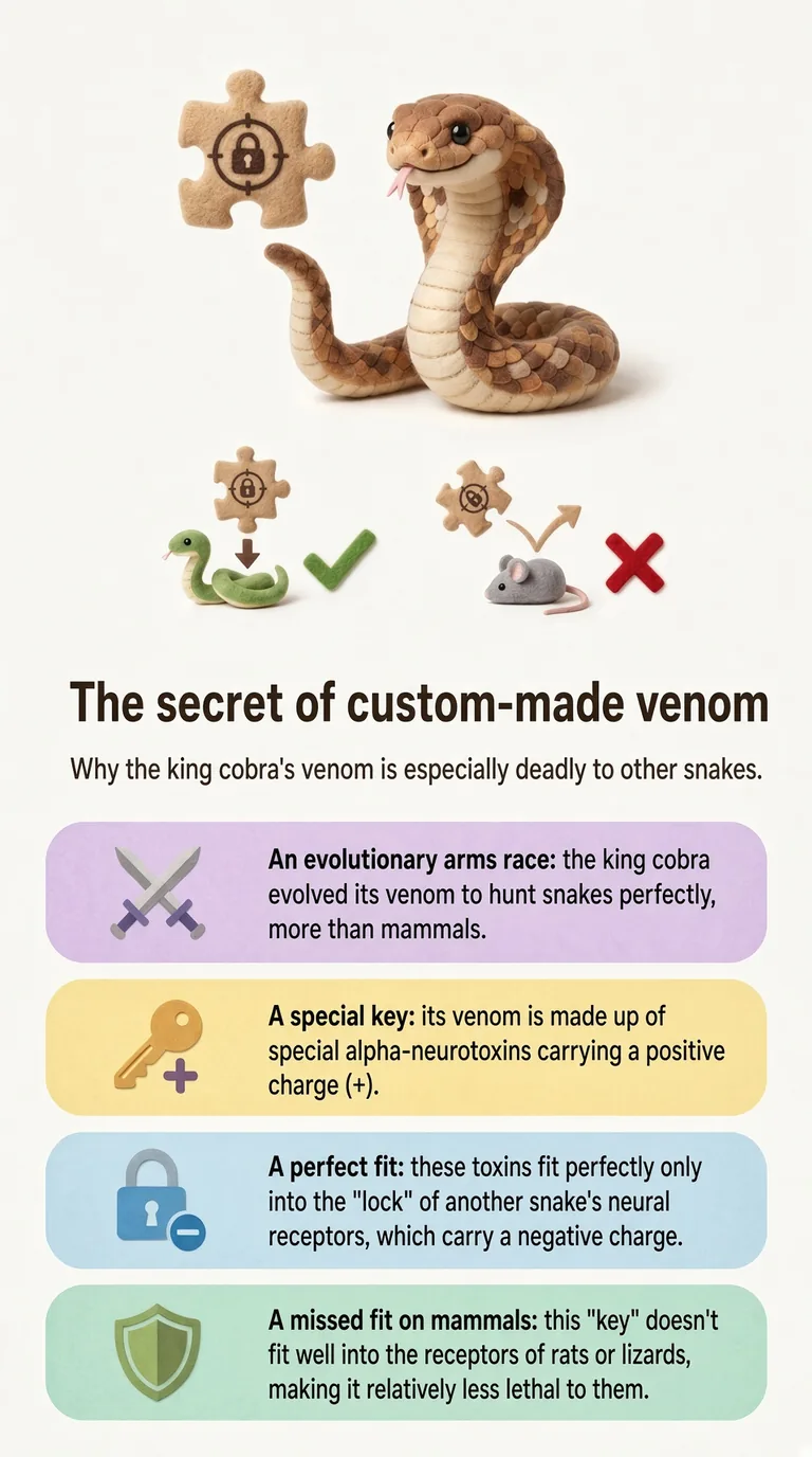 The secret of custom-made venom — Why the king cobra's venom is especially deadly to other snakes. — An evolutionary arms race / A special key / A perfect fit / A missed fit on mammals