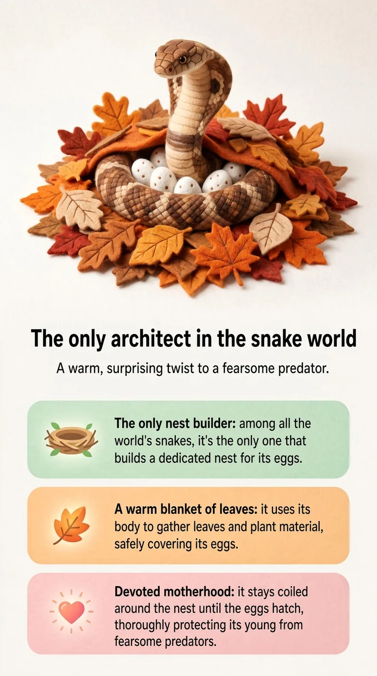The only architect in the snake world — A warm, surprising twist to a fearsome predator. — The only nest builder / A warm blanket of leaves / Devoted motherhood