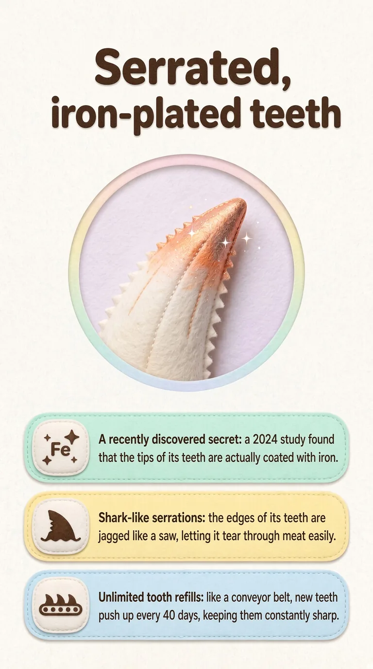 Serrated, iron-plated teeth — A recently discovered secret / Shark-like serrations / Unlimited tooth refills