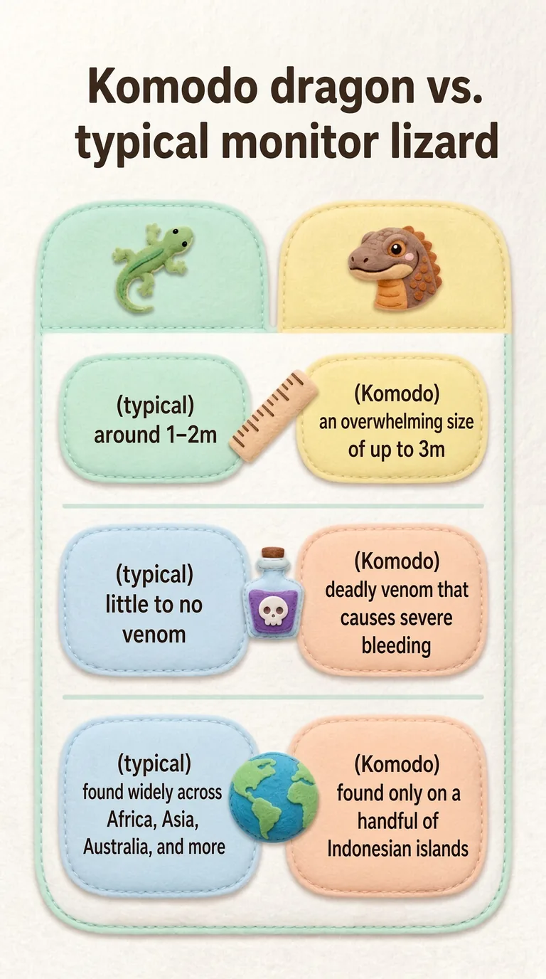 Komodo dragon vs. typical monitor lizard — Komodo dragon / Typical monitor lizard