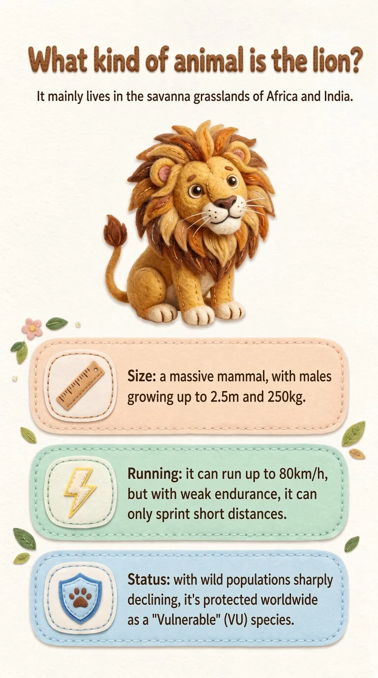 What kind of animal is the lion? — It mainly lives in the savanna grasslands of Africa and India. — Size / Running / Status