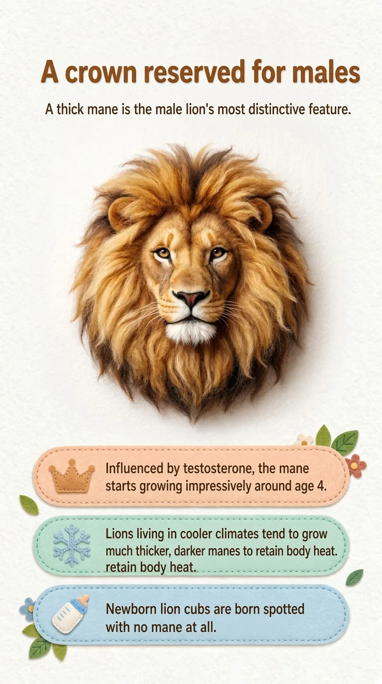 A crown reserved for males — A thick mane is the male lion's most distinctive feature.