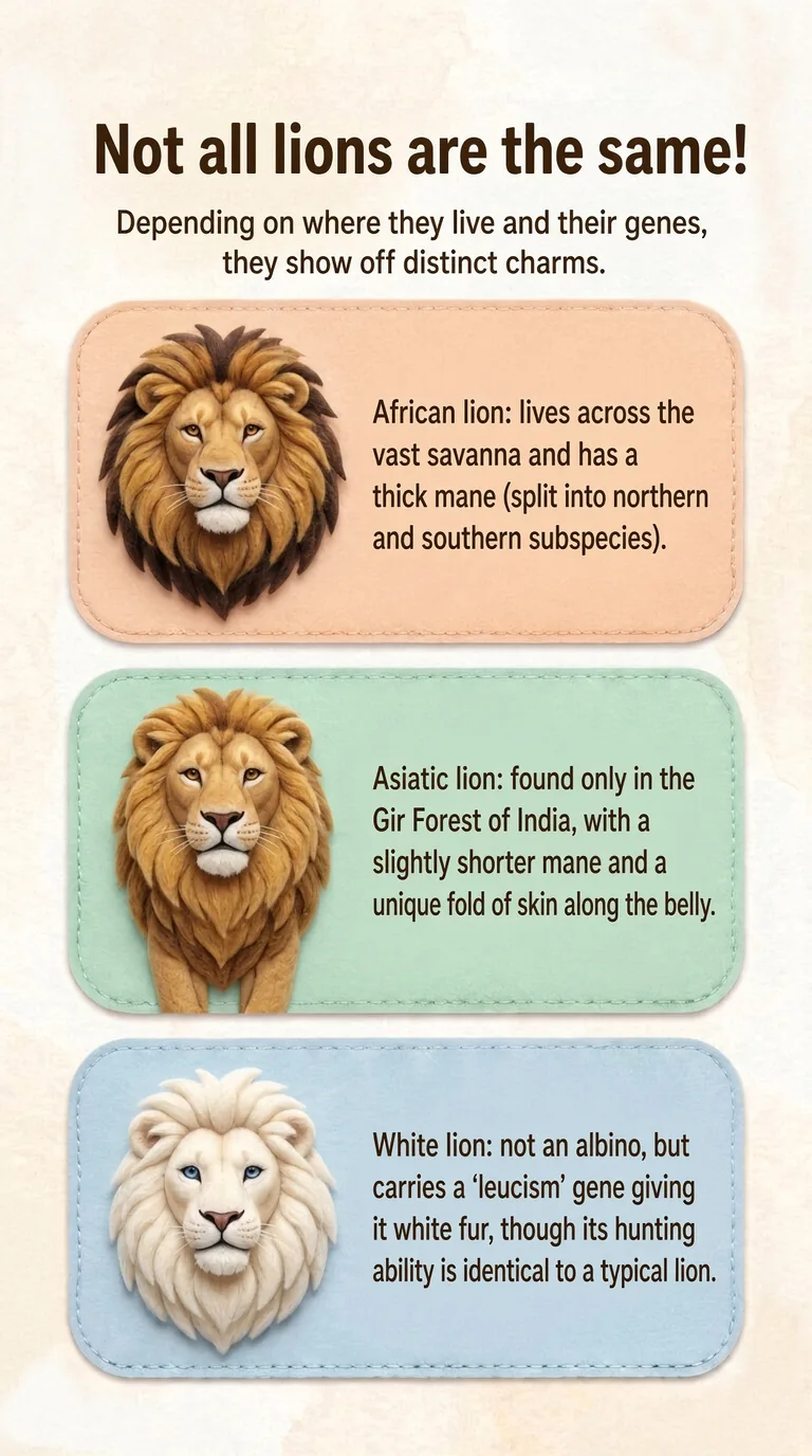 Not all lions are the same! — Depending on where they live and their genes, they show off distinct charms. — African lion / Asiatic lion / White lion