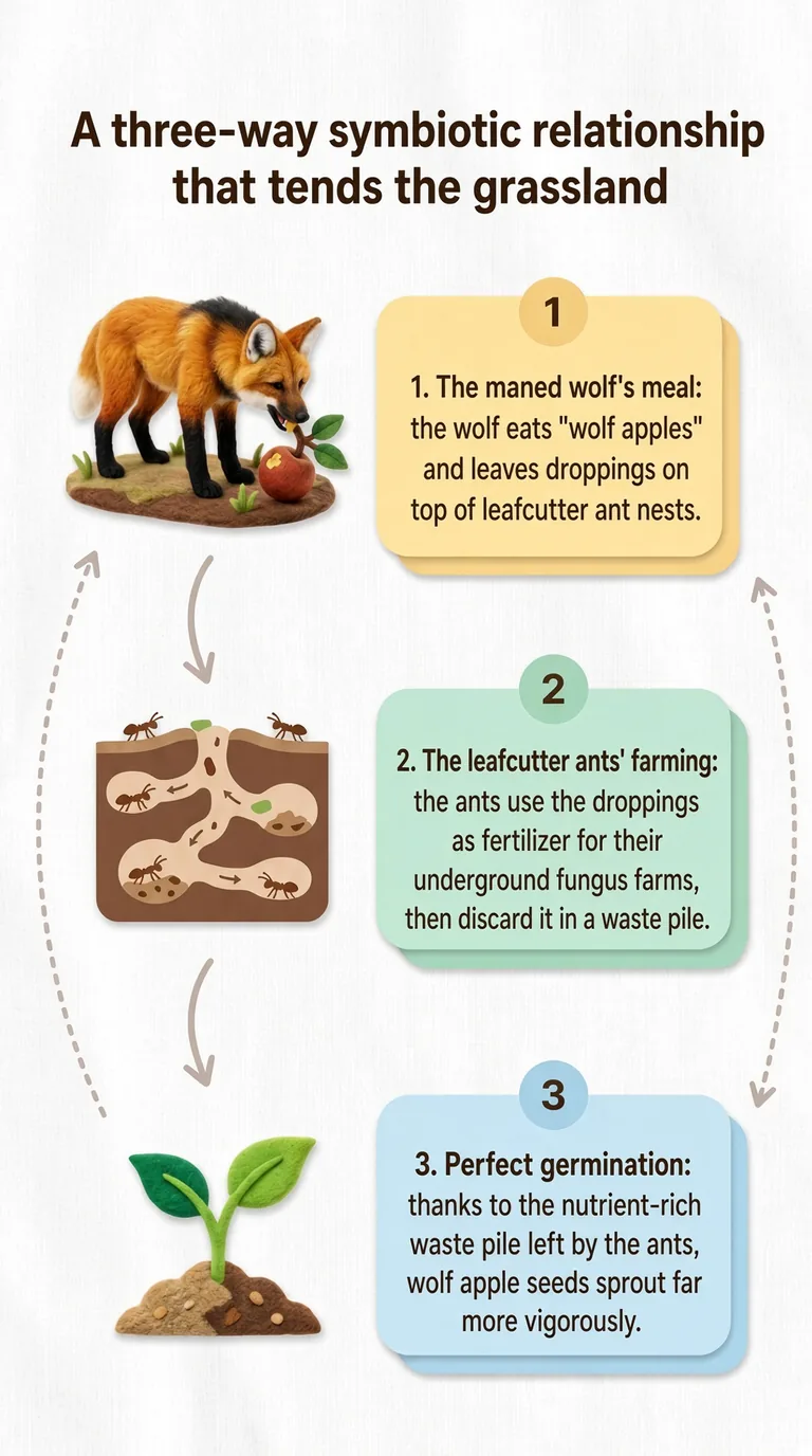 A three-way symbiotic relationship that tends the grassland — The maned wolf's meal / The leafcutter ants' farming / Perfect germination