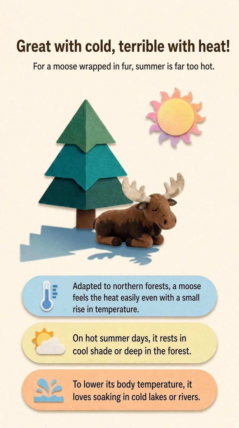 Great with cold, terrible with heat! — For a moose wrapped in fur, summer is far too hot.
