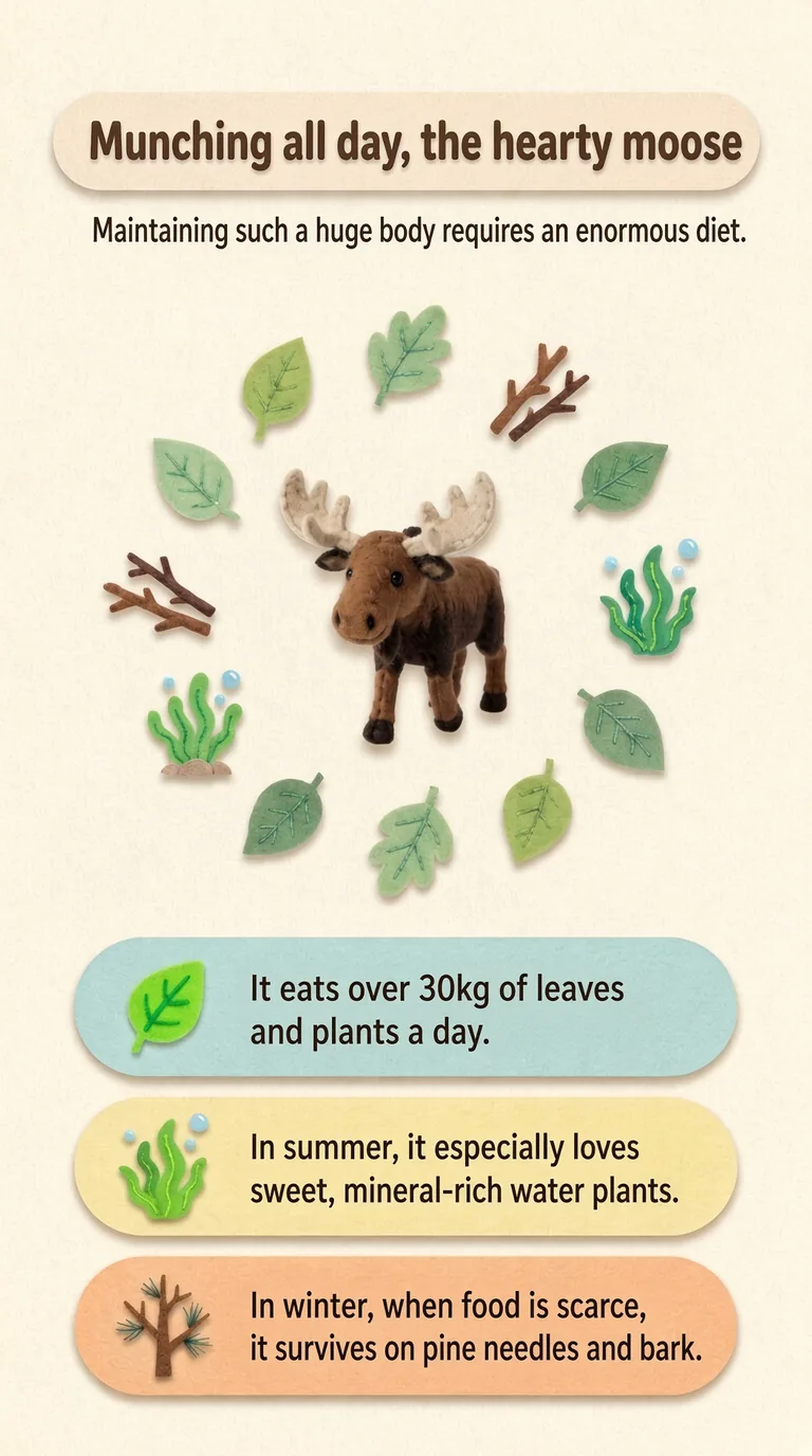 Munching all day, the hearty moose — Maintaining such a huge body requires an enormous diet.