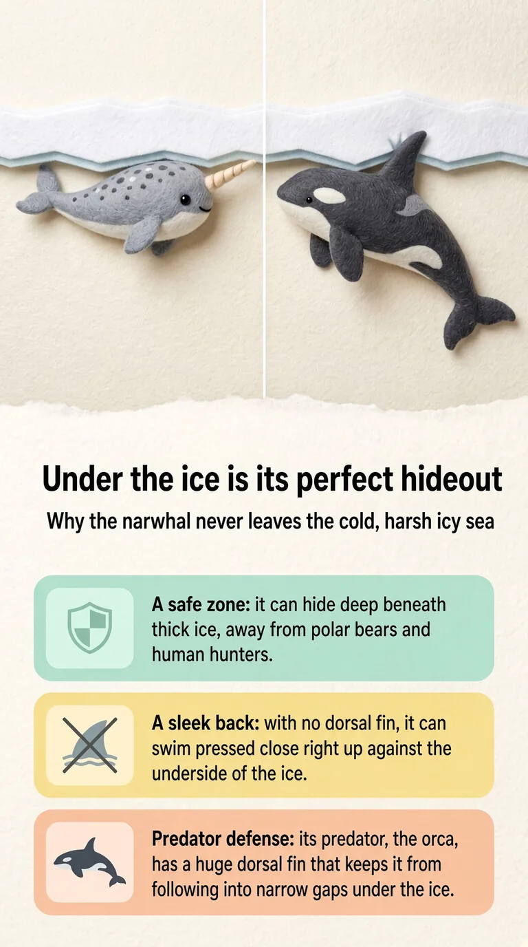 Under the ice is its perfect hideout — Why the narwhal never leaves the cold, harsh icy sea — A safe zone / A sleek back / Predator defense