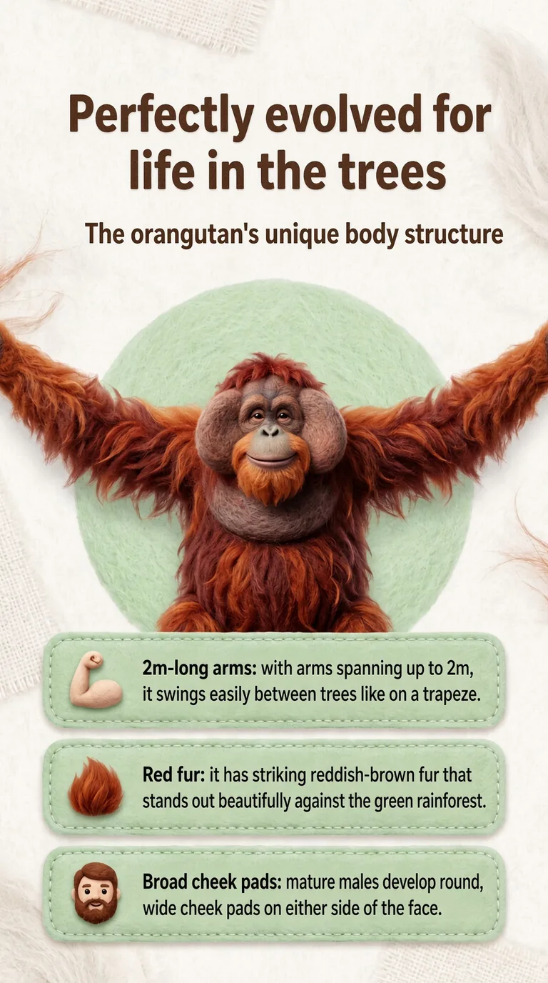 Perfectly evolved for life in the trees — The orangutan's unique body structure — 2m-long arms / Red fur / Broad cheek pads