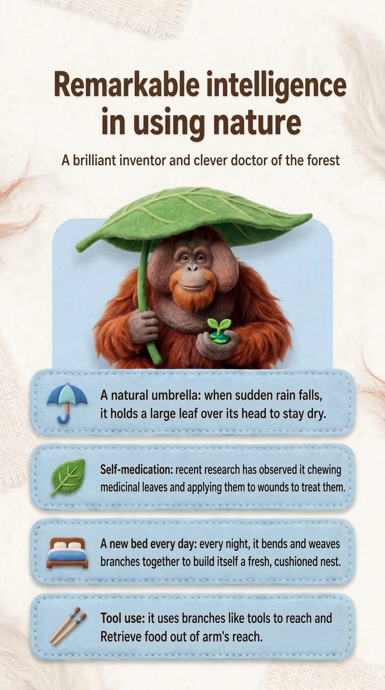 Remarkable intelligence in using nature — A brilliant inventor and clever doctor of the forest — A natural umbrella / Self-medication / A new bed every day / Tool use