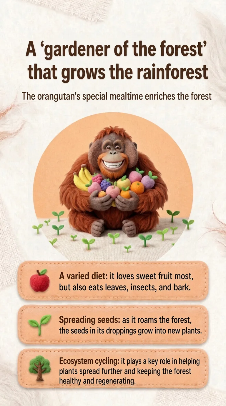 A "gardener of the forest" that grows the rainforest — The orangutan's special mealtime enriches the forest — A varied diet / Spreading seeds / Ecosystem cycling
