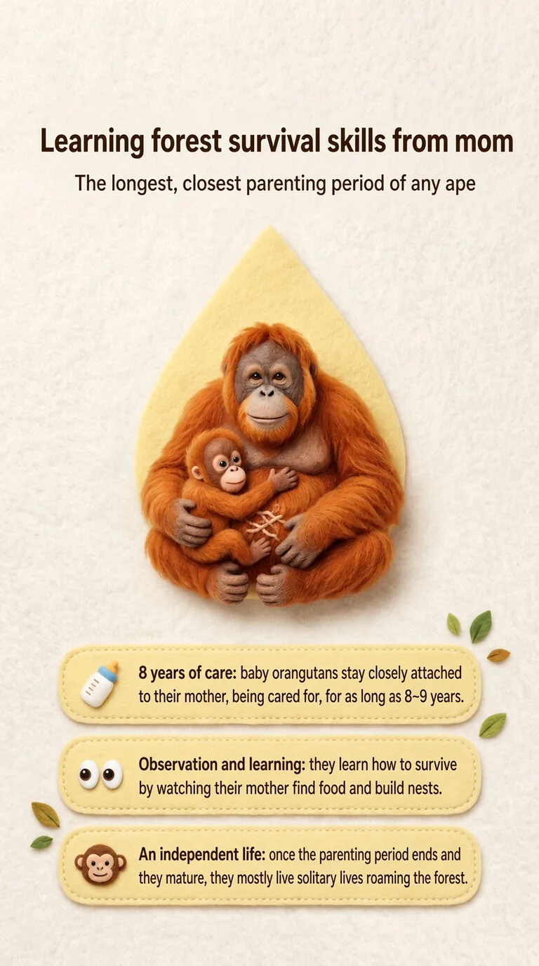 Learning forest survival skills from mom — The longest, closest parenting period of any ape — 8 years of care / Observation and learning / An independent life