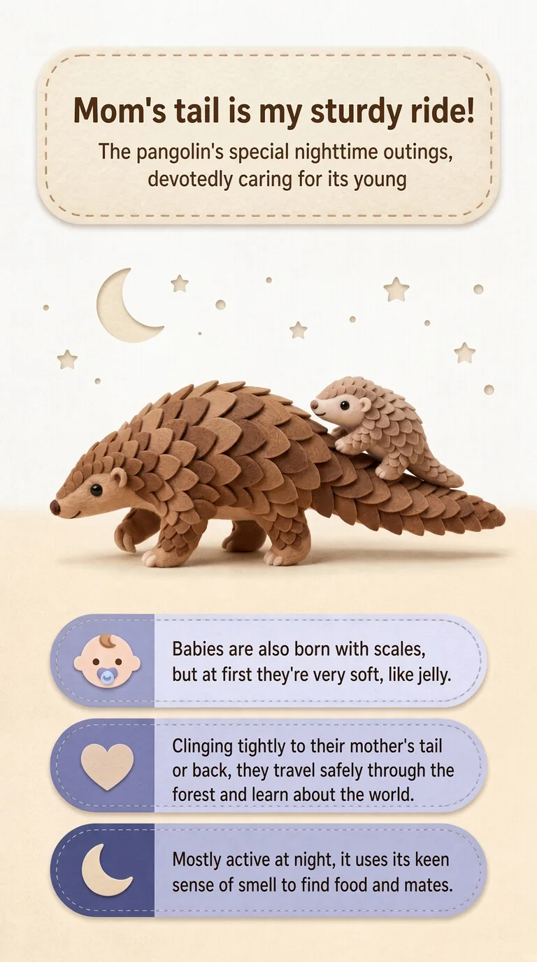 Mom's tail is my sturdy ride! — The pangolin's special nighttime outings, devotedly caring for its young