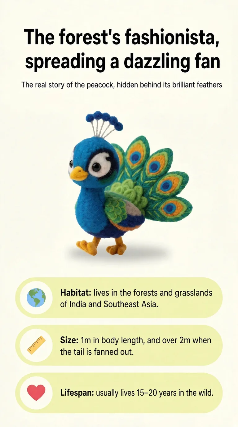 The forest's fashionista, spreading a dazzling fan — The real story of the peacock, hidden behind its brilliant feathers — Habitat / Size / Lifespan