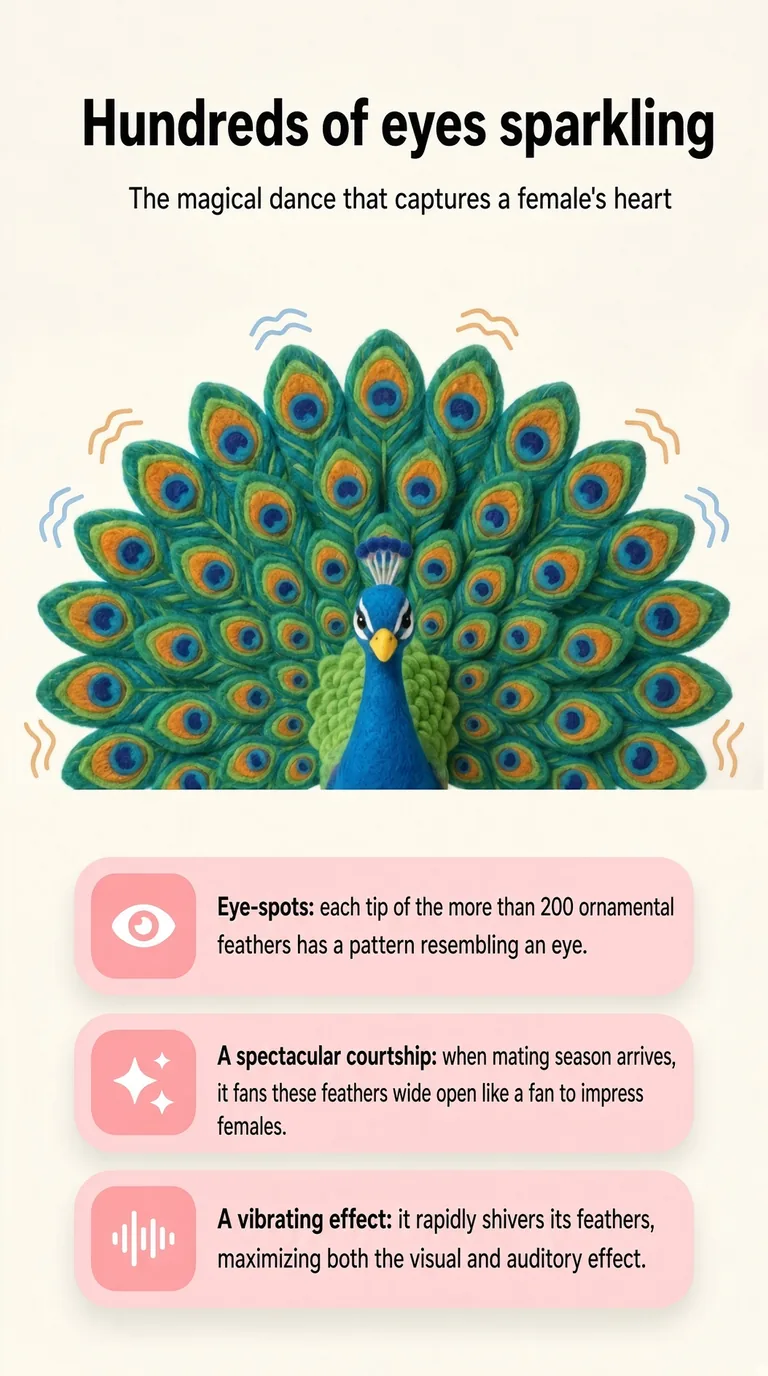 Hundreds of eyes sparkling — The magical dance that captures a female's heart — Eye-spots / A spectacular courtship / A vibrating effect
