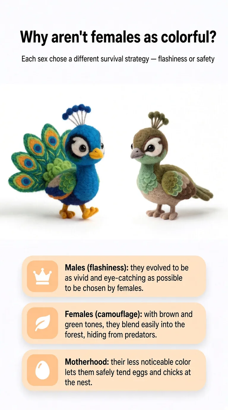 Why aren't females as colorful? — Each sex chose a different survival strategy — flashiness or safety — Males (flashiness) / Females (camouflage) / Motherhood