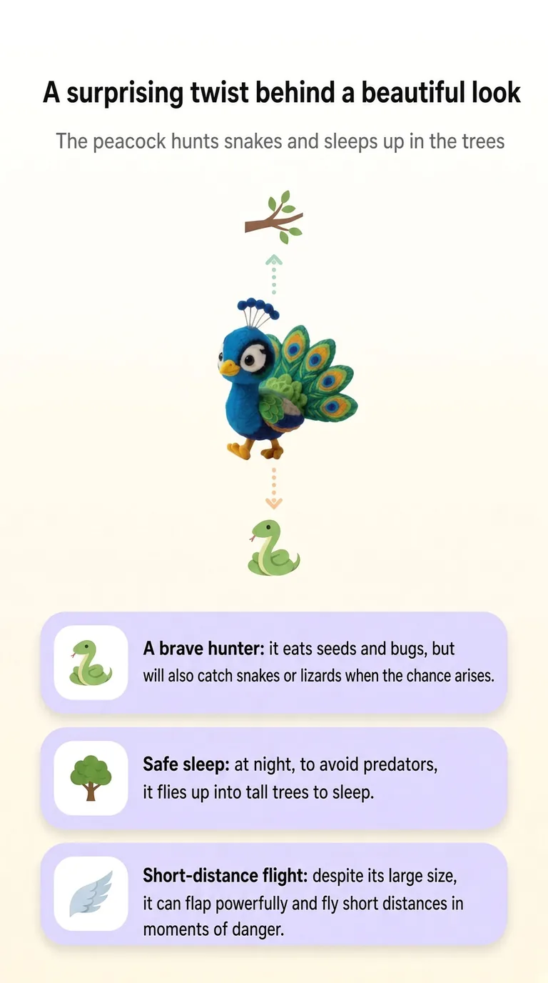 A surprising twist behind a beautiful look — The peacock hunts snakes and sleeps up in the trees — A brave hunter / Safe sleep / Short-distance flight