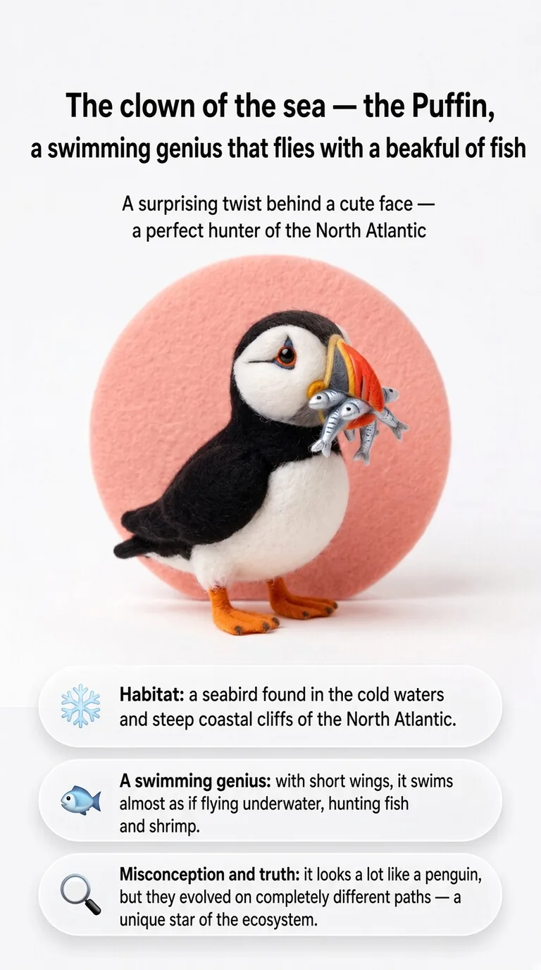 The clown of the sea — the Puffin, a swimming genius that flies with a beakful of fish — A surprising twist behind a cute face — a perfect hunter of the North Atlantic — Habitat / A swimming genius / Misconception and truth