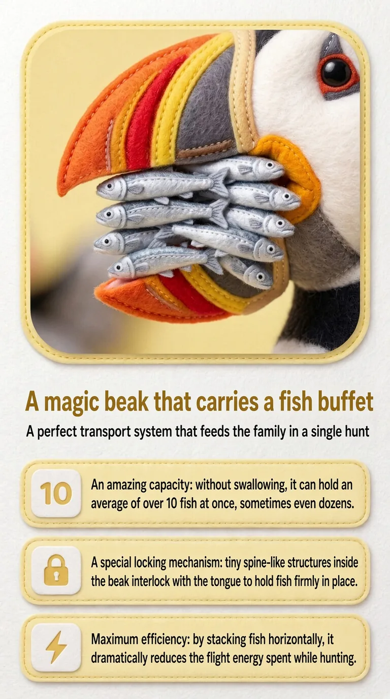 A magic beak that carries a fish buffet — A perfect transport system that feeds the family in a single hunt — An amazing capacity / A special locking mechanism / Maximum efficiency
