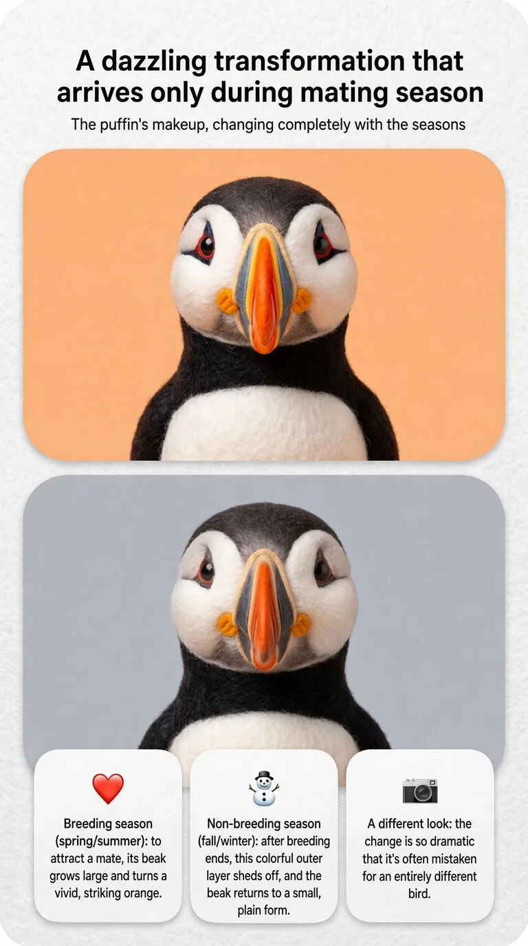 A dazzling transformation that arrives only during mating season — The puffin's makeup, changing completely with the seasons — Breeding season (spring/summer) / Non-breeding season (fall/winter) / A different look