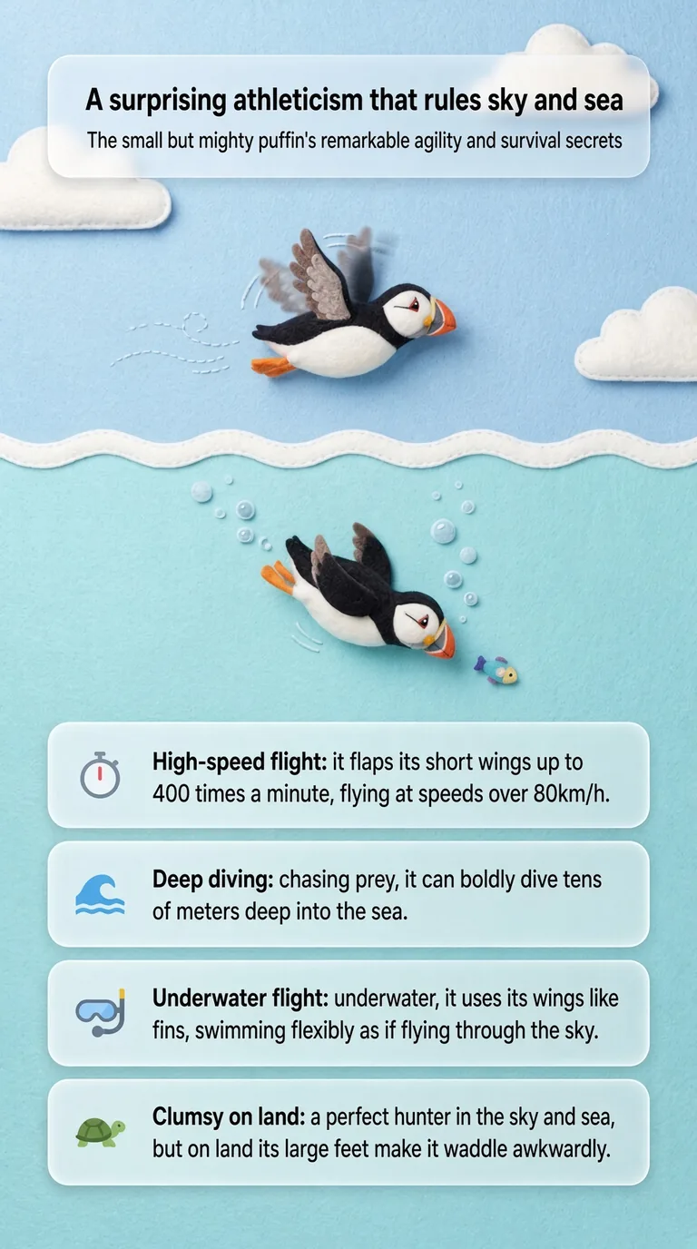 A surprising athleticism that rules sky and sea — The small but mighty puffin's remarkable agility and survival secrets — High-speed flight / Deep diving / Underwater flight / Clumsy on land