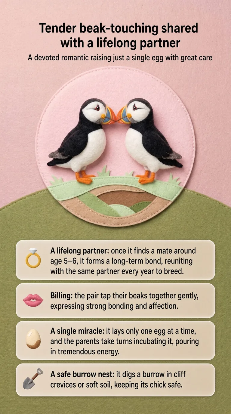 Tender beak-touching shared with a lifelong partner — A devoted romantic raising just a single egg with great care — A lifelong partner / Billing / A single miracle / A safe burrow nest