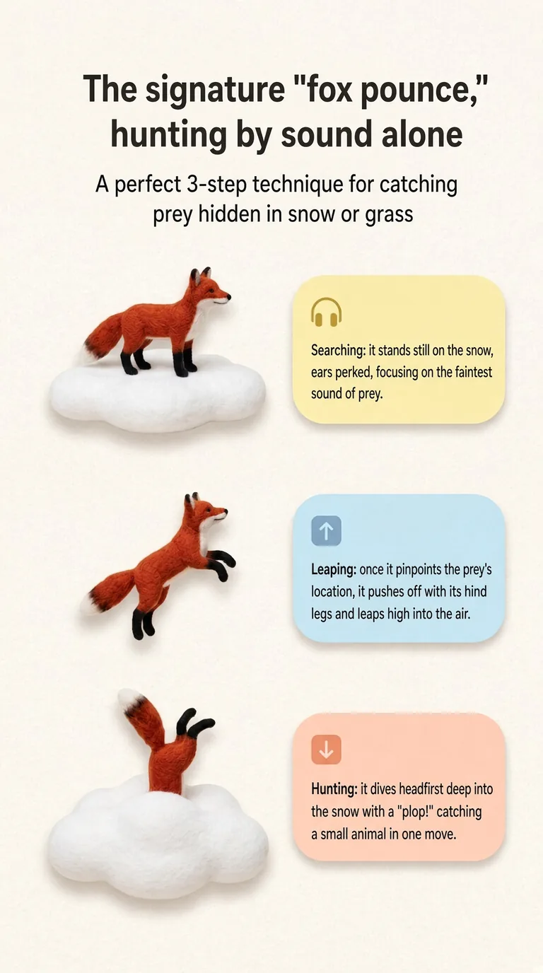 The signature "fox pounce," hunting by sound alone — A perfect 3-step technique for catching prey hidden in snow or grass — Searching / Leaping / Hunting