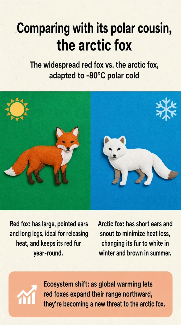 Comparing with its polar cousin, the arctic fox — The widespread red fox vs. the arctic fox, adapted to -80°C polar cold — Red fox / Arctic fox