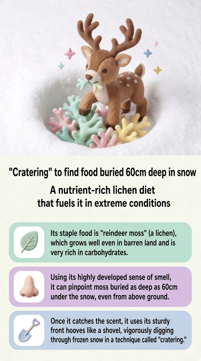 "Cratering" to find food buried 60cm deep in snow — A nutrient-rich lichen diet that fuels it in extreme conditions