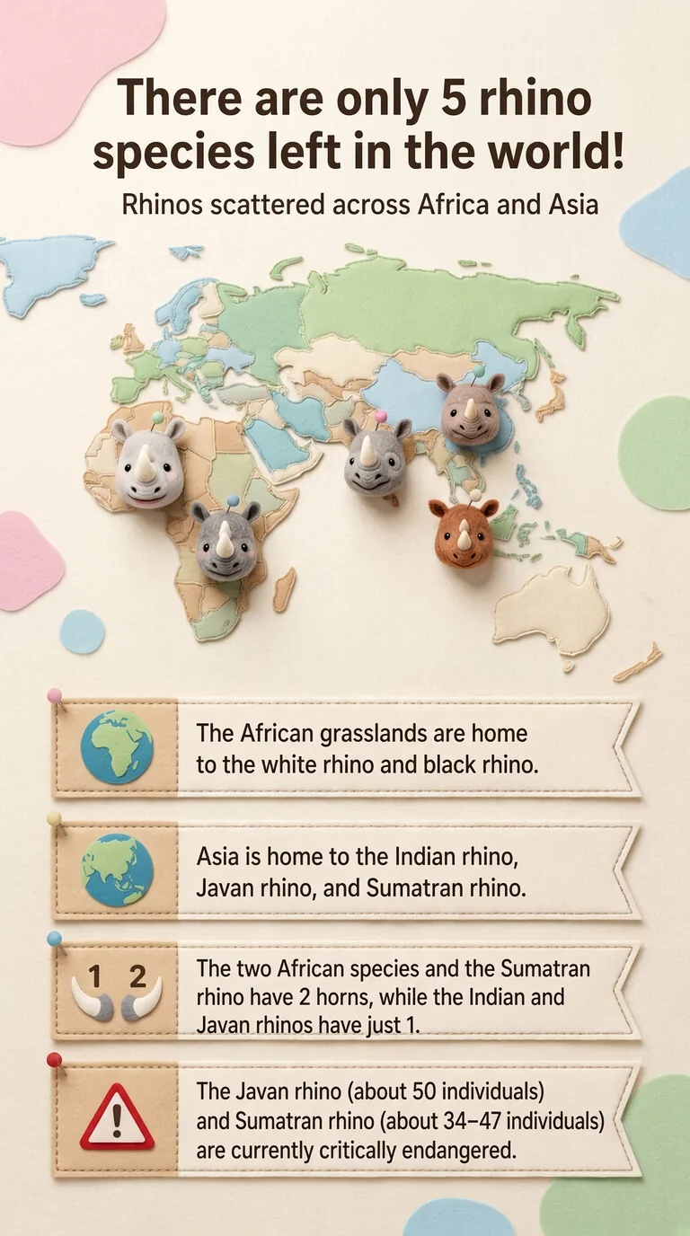 There are only 5 rhino species left in the world! — Rhinos scattered across Africa and Asia