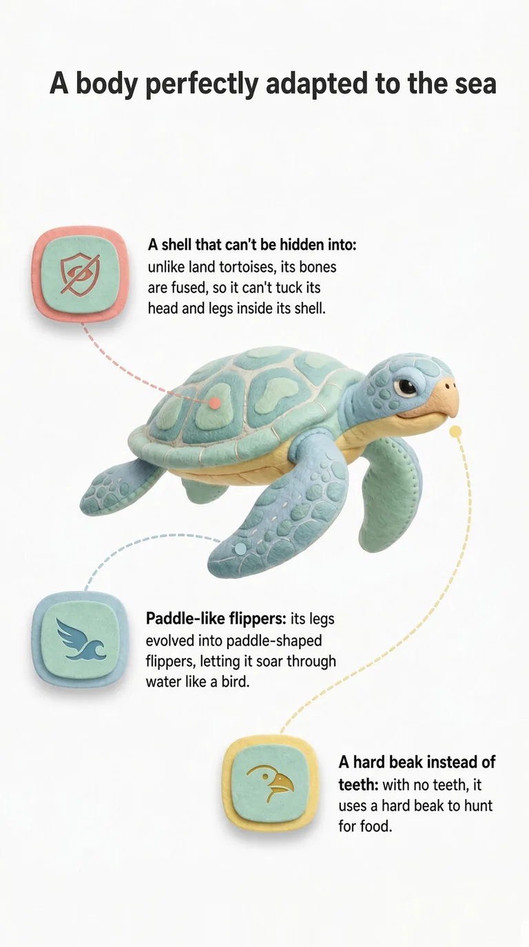 A body perfectly adapted to the sea — A shell that can't be hidden into / Paddle-like flippers / A hard beak instead of teeth