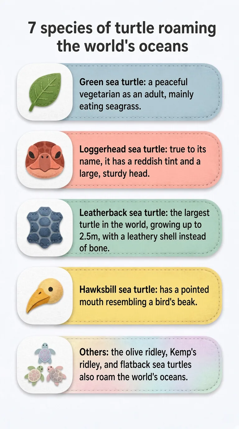 7 species of turtle roaming the world's oceans — Green sea turtle / Loggerhead sea turtle / Leatherback sea turtle / Hawksbill sea turtle / Others