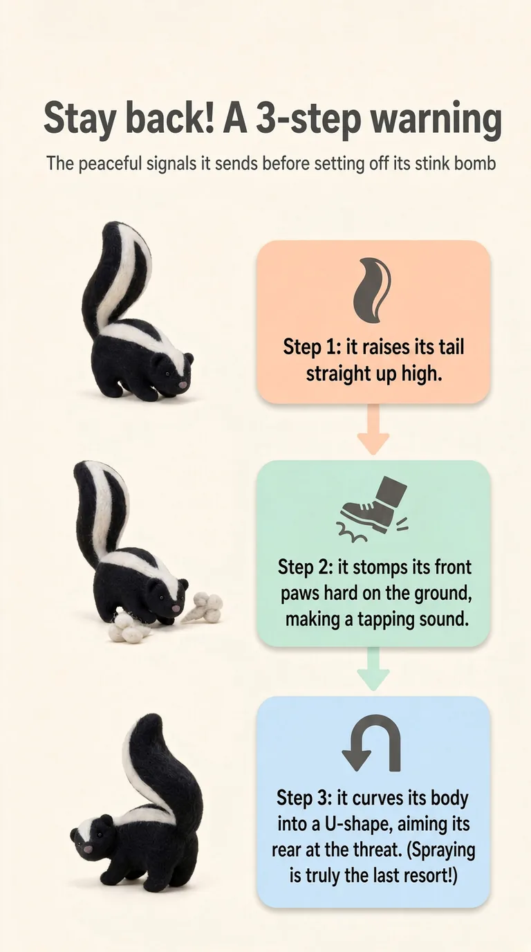 Stay back! A 3-step warning — The peaceful signals it sends before setting off its stink bomb — Step 1 / Step 2 / Step 3