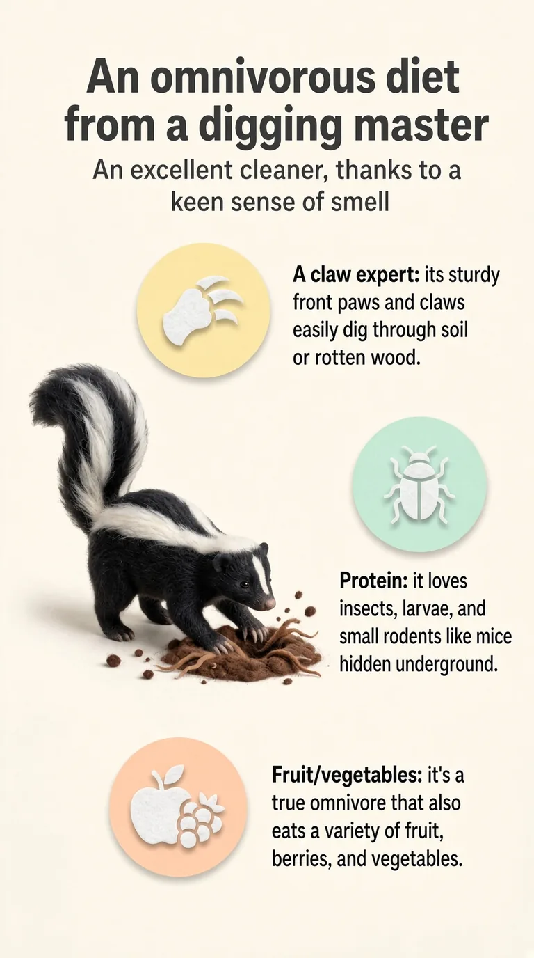An omnivorous diet from a digging master — An excellent cleaner, thanks to a keen sense of smell — A claw expert / Protein / Fruit/vegetables