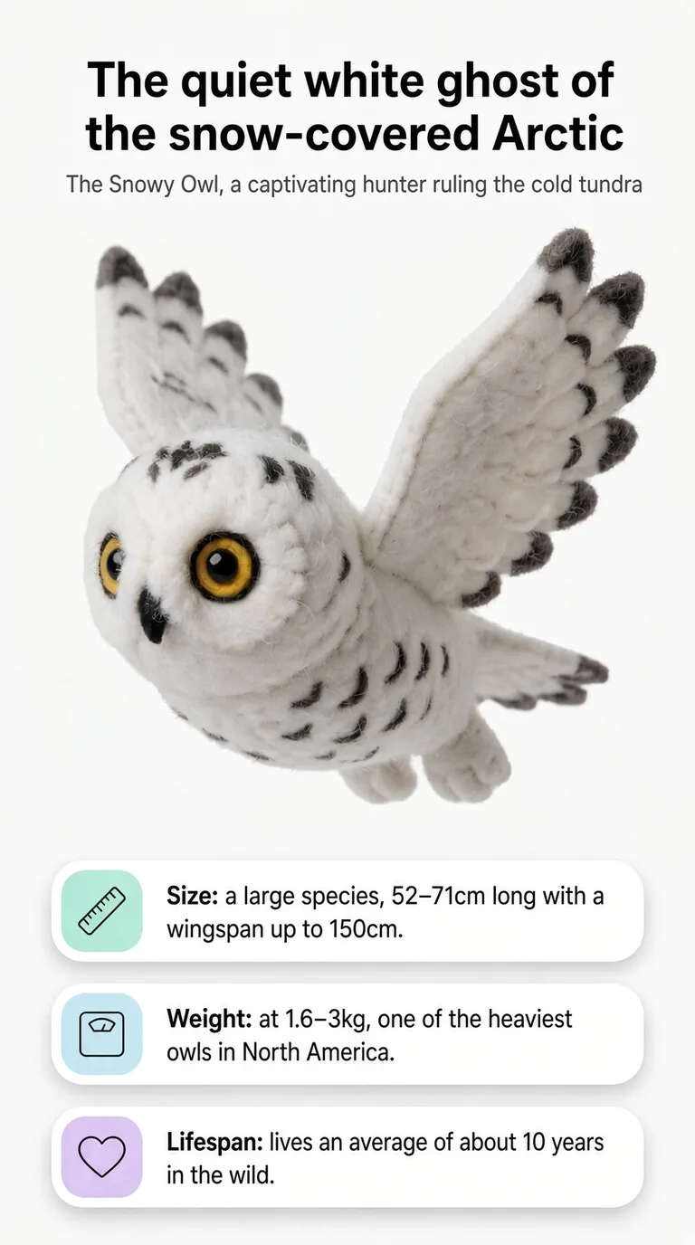 The quiet white ghost of the snow-covered Arctic — The Snowy Owl, a captivating hunter ruling the cold tundra — Size / Weight / Lifespan