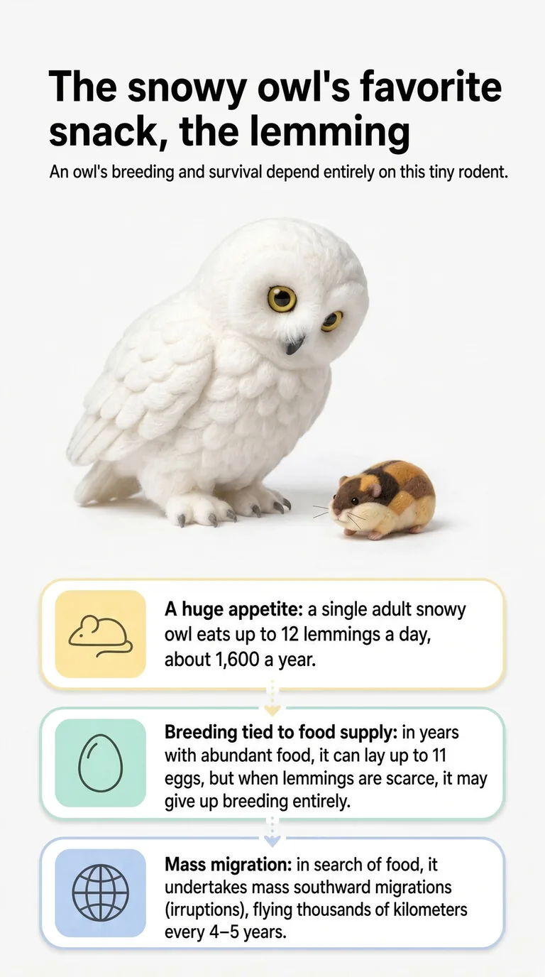 The snowy owl's favorite snack, the lemming — An owl's breeding and survival depend entirely on this tiny rodent. — A huge appetite / Breeding tied to food supply / Mass migration