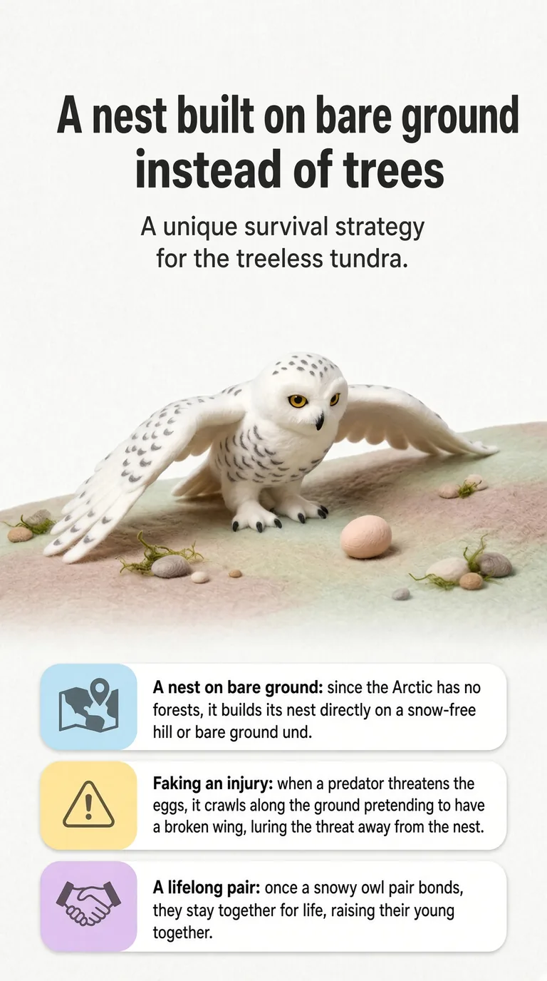 A nest built on bare ground instead of trees — A unique survival strategy for the treeless tundra. — A nest on bare ground / Faking an injury / A lifelong pair