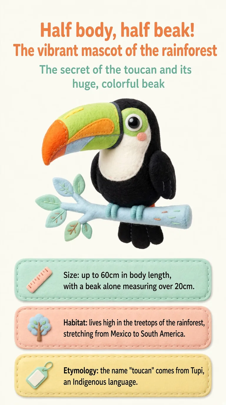 Half body, half beak! The vibrant mascot of the rainforest — The secret of the toucan and its huge, colorful beak — Size / Habitat / Etymology