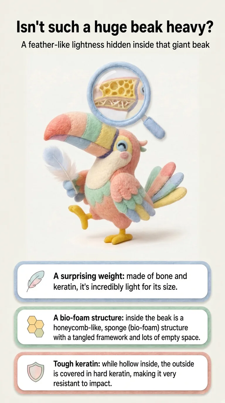 Isn't such a huge beak heavy? — A feather-like lightness hidden inside that giant beak — A surprising weight / A bio-foam structure / Tough keratin